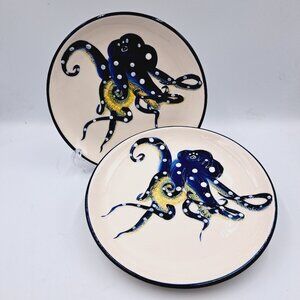 Coastal Set of 2 Blue Octopus Salad Plate With Raised Features 8" Wide Sea Life